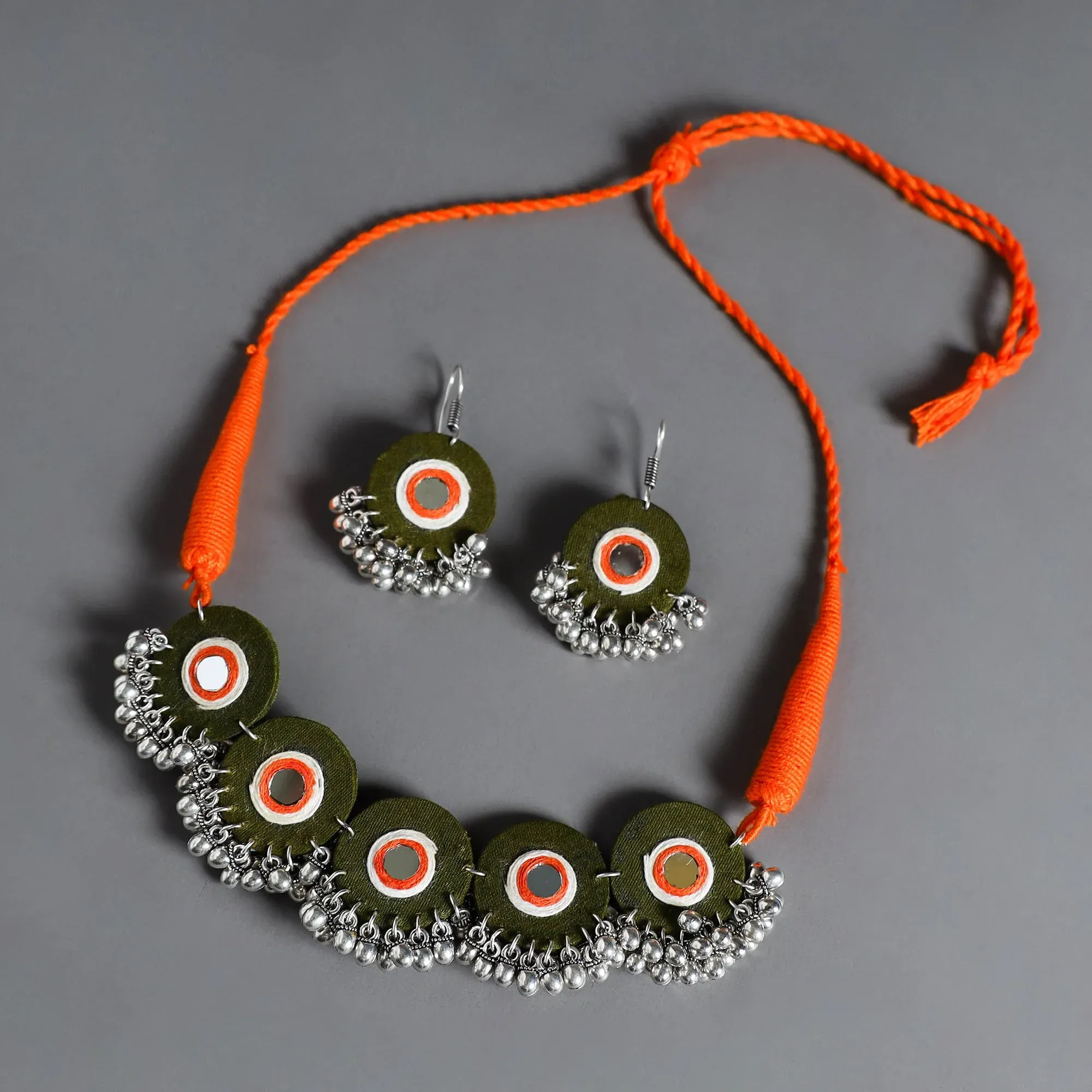Multicolor Mirror Work German Silver Choker Set view 2