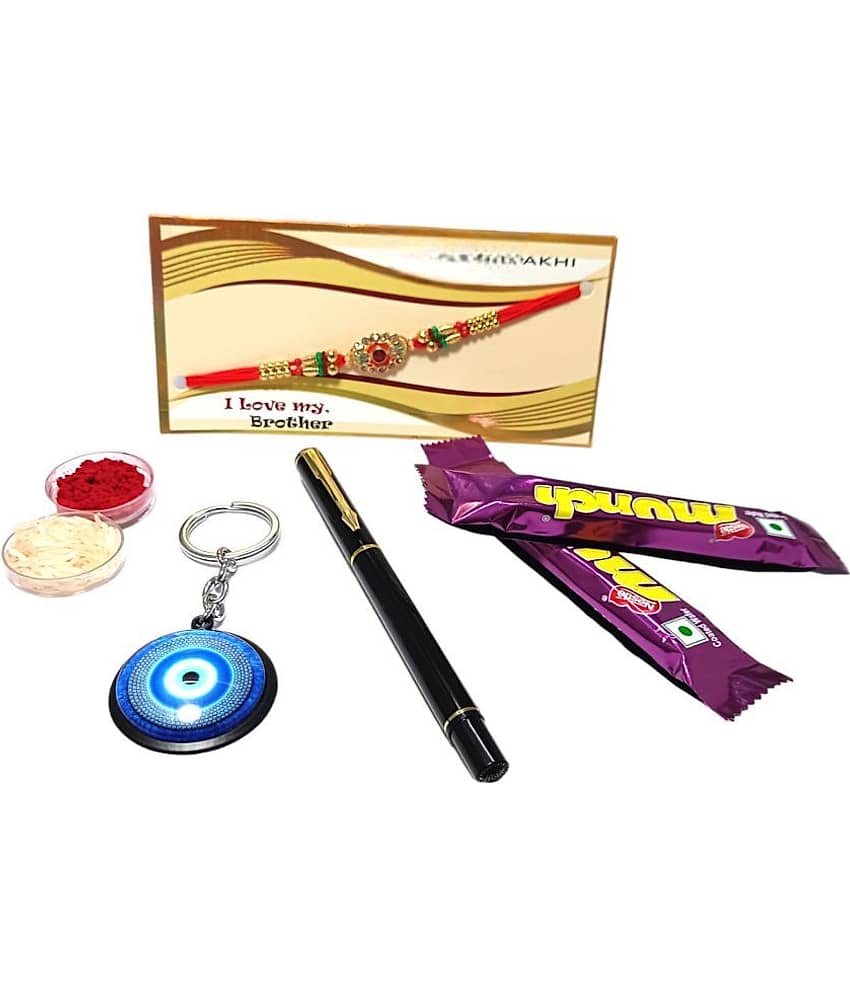 auteur 801 Stylish Black Roller Ball Pen and Designer Rakhi Gift Set for Brother With Evil Eye Keychain, Chocolates, Roli, Mishri and Rice. view 2