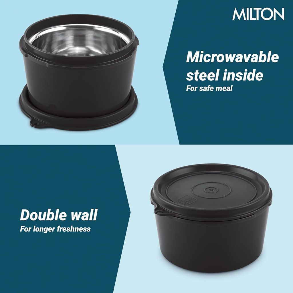 MILTON Urban Case Lunch Box, 2 Inner Steel Round Containers (320ml) & 1 Oval Plastic Container (450ml) | Microwavable, BPA-Free, Leakproof | Durable Lunch Box for Office Use, College, School - Black view 2