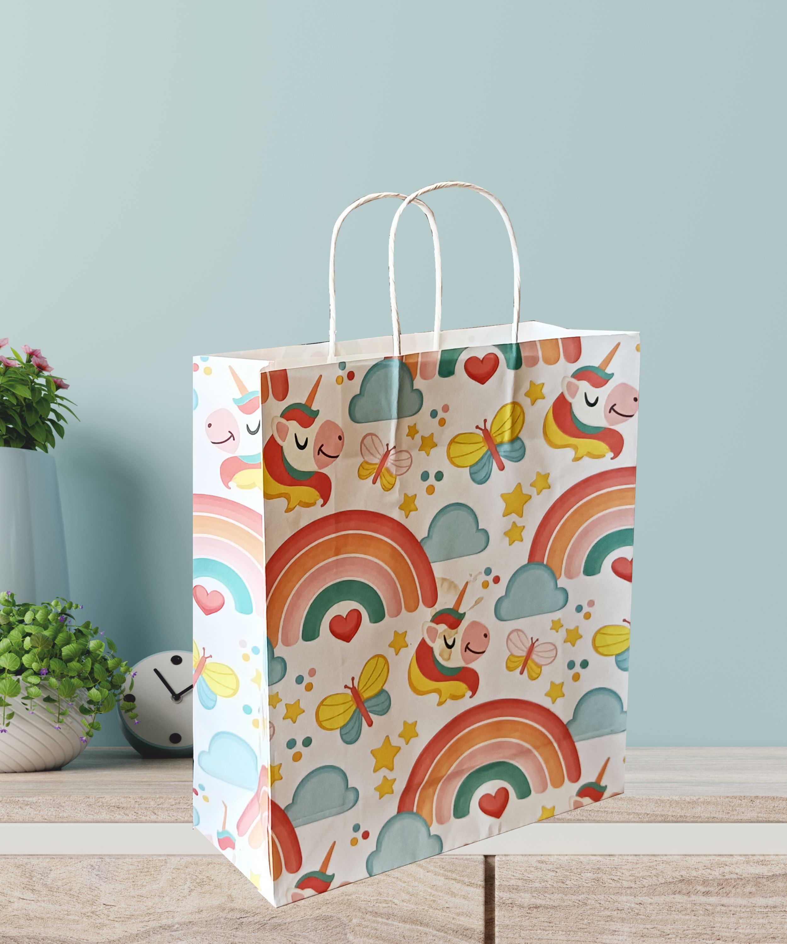 90 GSM Rainbow Unicorn Printed Small Paper Gift Bags, Ideal for Birthday Return Gifts, Kids Party, & Gifting on Special Occasions (Size: 9.4 x 7.9 x 3 inch) - 12