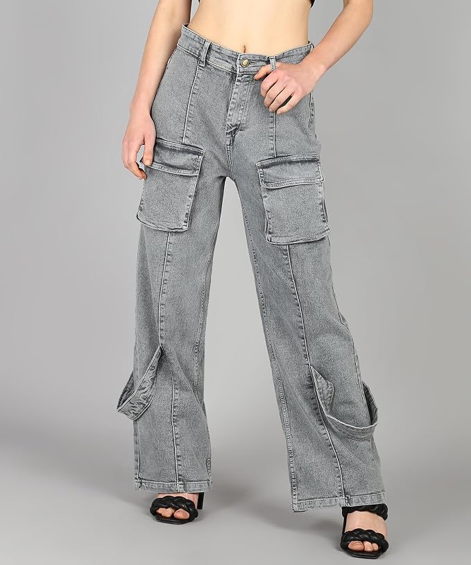 Glossia Fashion Women Cargo Jeans | High Rise Stretchable Baggy Wide LegDenim| Boyfriend Jeans for Women - Grey, 30 view 2