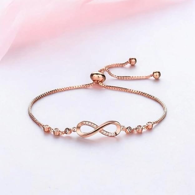 Infinity Symbol Bracelet with Cubic Zirconia Stones in Rose Gold Plating view 2