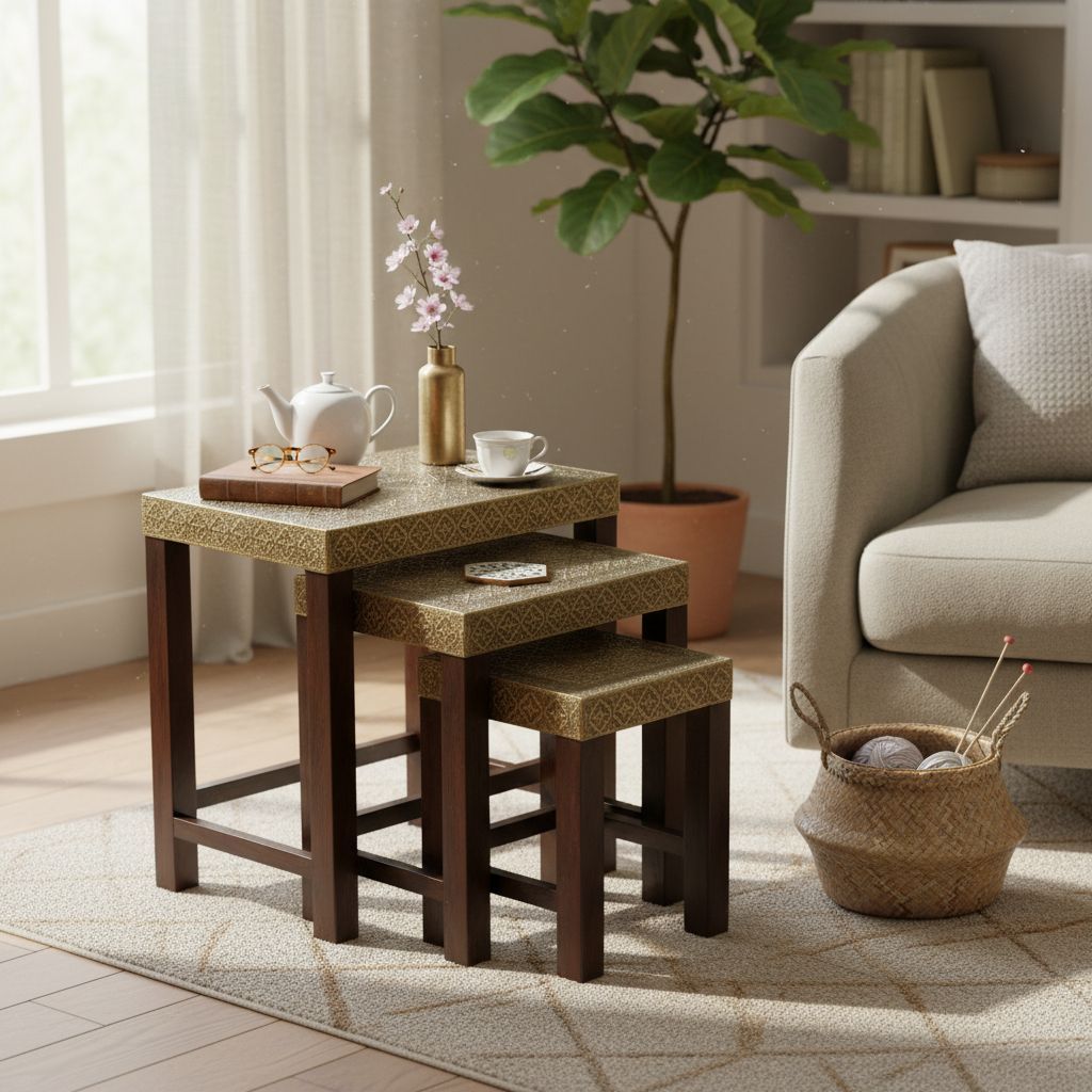 Wooden Brown Stool Set of 3 | Bedside Home Decor Furniture view 2
