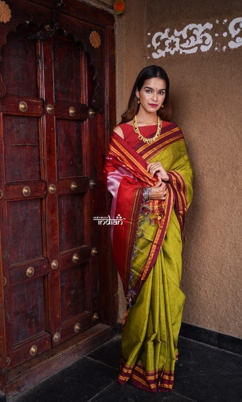 Handloom Cotton Viscose Ilkal Saree with Pure Resham Pallu – Bright Green with Red Border view 2