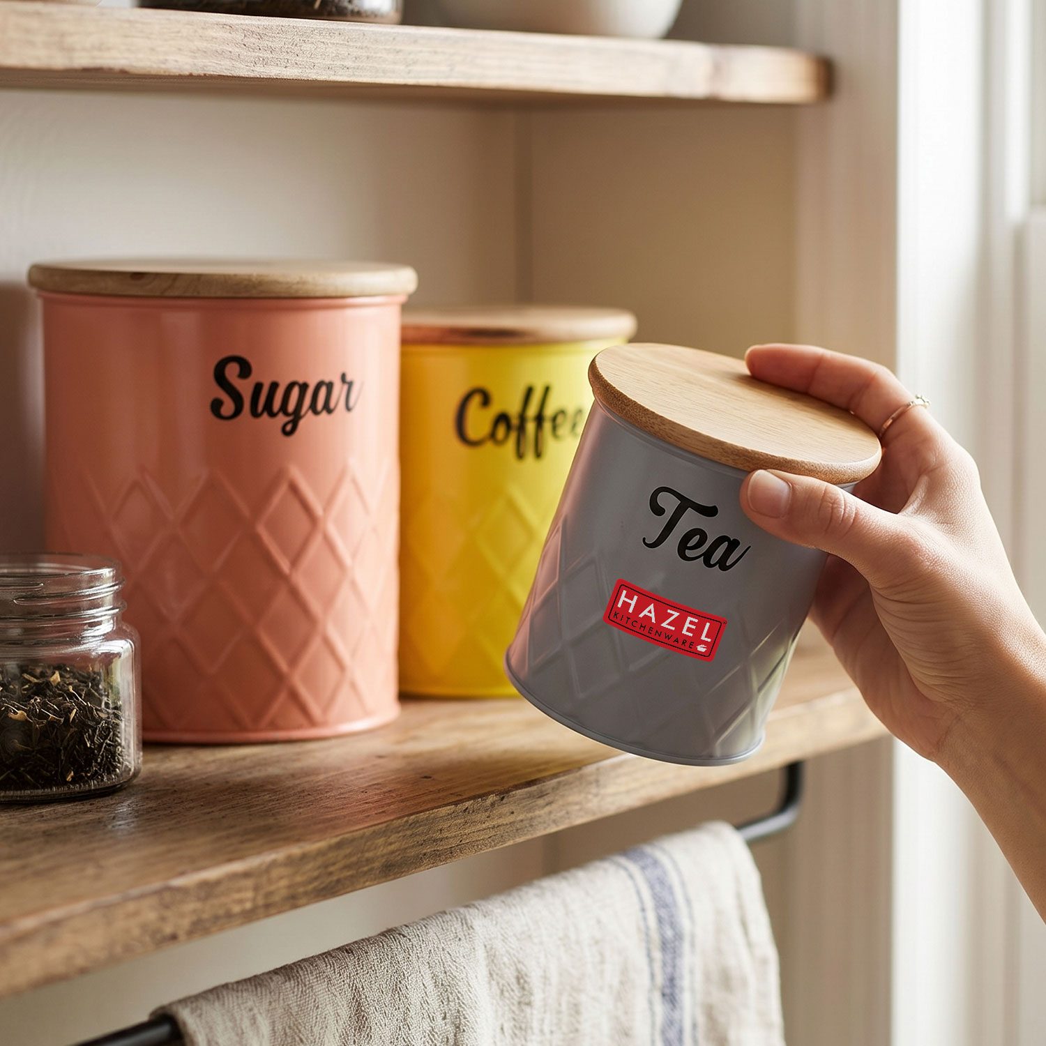 HAZEL Tea Coffee Sugar Container Set of 3 with Airtight Wooden Lid view 2