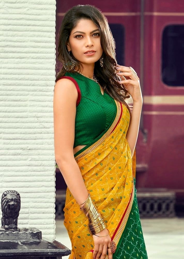 Yellow Color Stone Work Chiffon Saree With Fancy Border And Dupion Silk Blouse Piece view 2