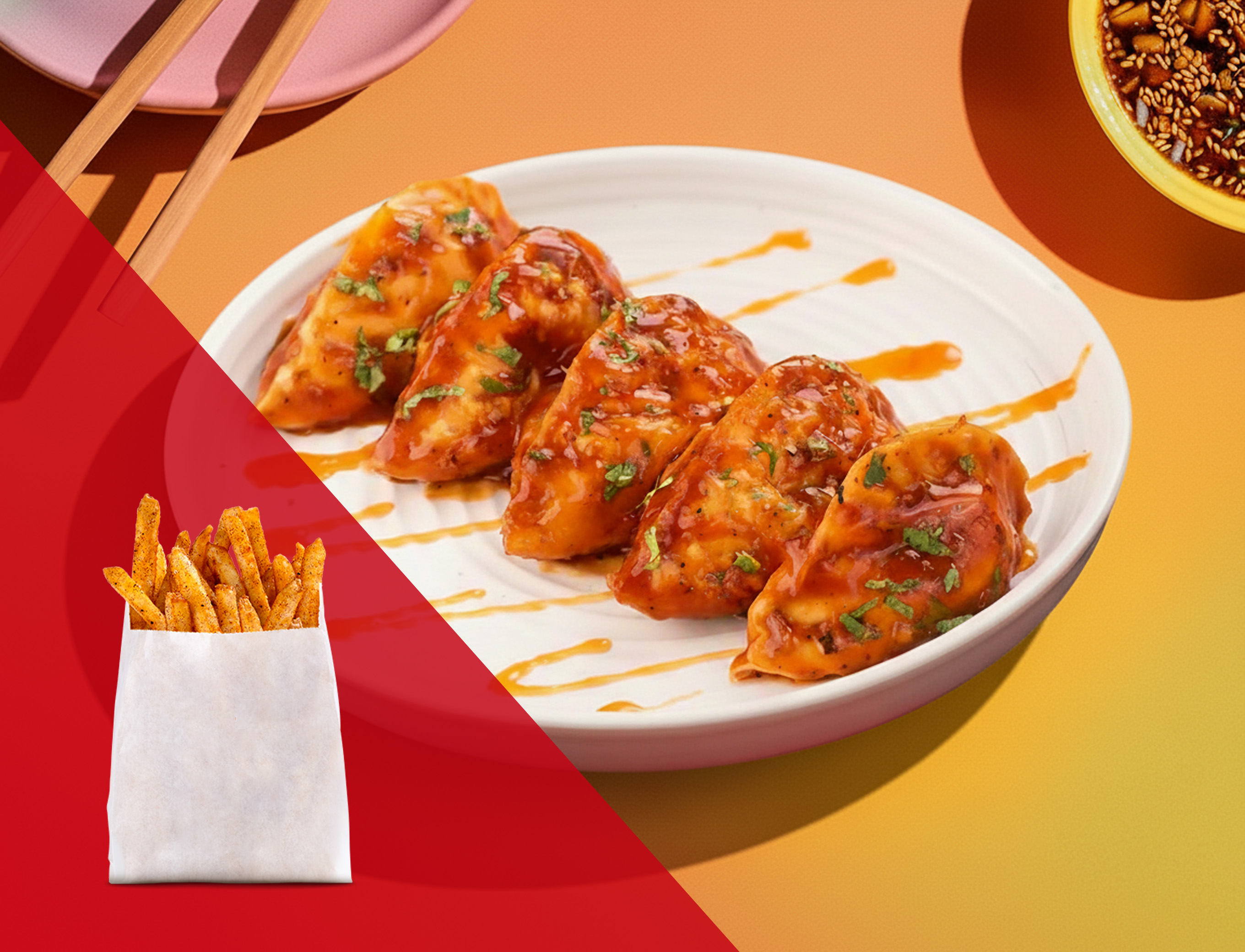 Choice of pan tossed momos + french fries
