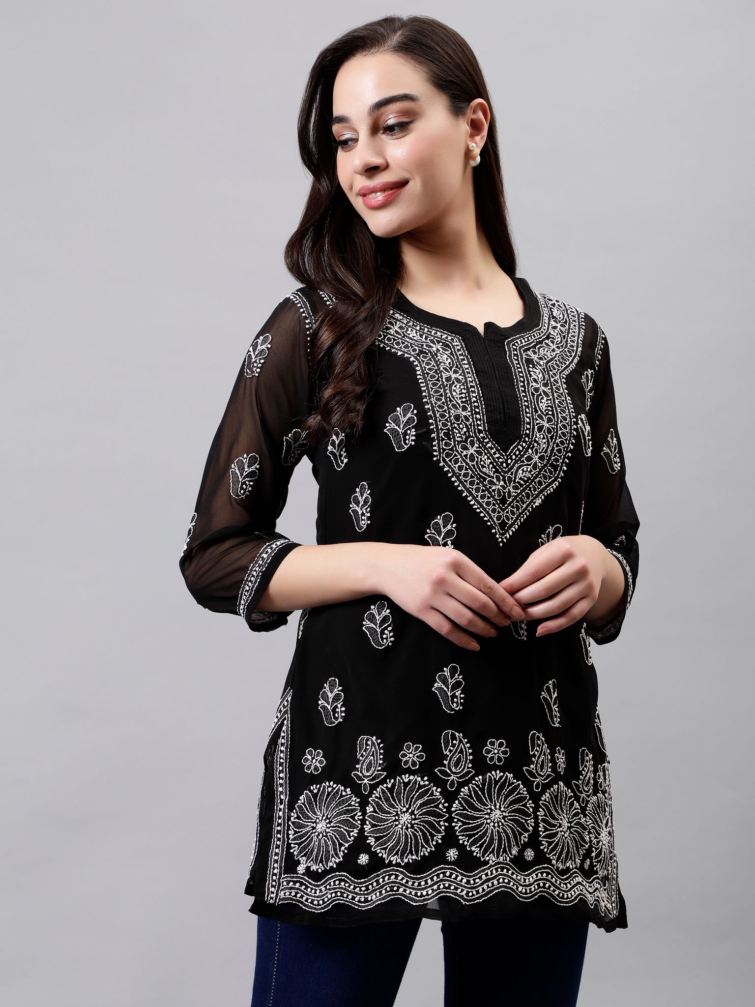 Seva Chikan Lucknowi Chikankari Black Georgette Top/ Kurti & Slip view 2