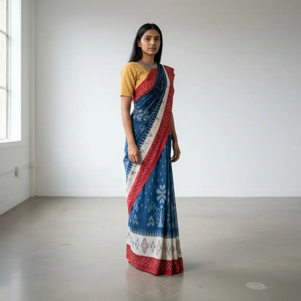 Pochampally Ikat Handloom Cotton Saree in Navy Blue and Red view 2