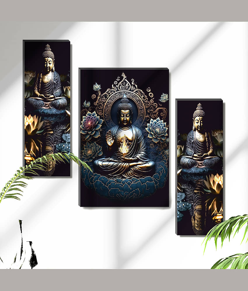 SAF Set of 3 Royal Buddha Wall Painting with Lotus Flame | Golden Aura Spiritual Art view 2