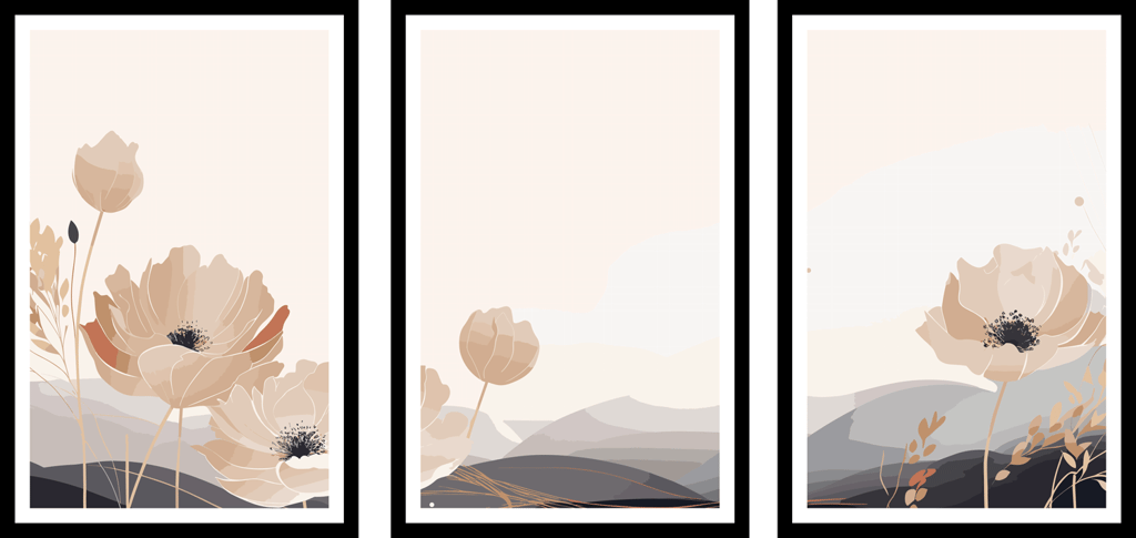 SET OF 3 MINIMALIST FLORAL PRINTS 48in X 24in WITH BLACK FRAME view 2
