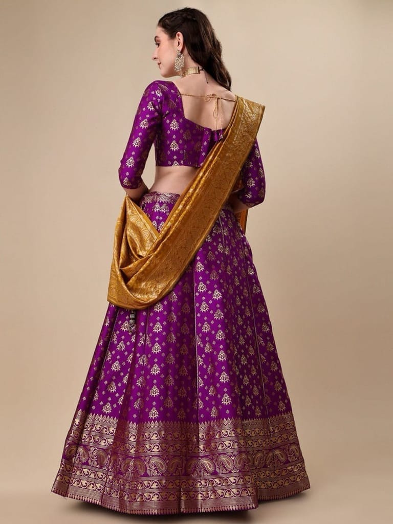 Purple Brocade Fabric Lehenga & Unstitched Blouse With Dupatta view 2