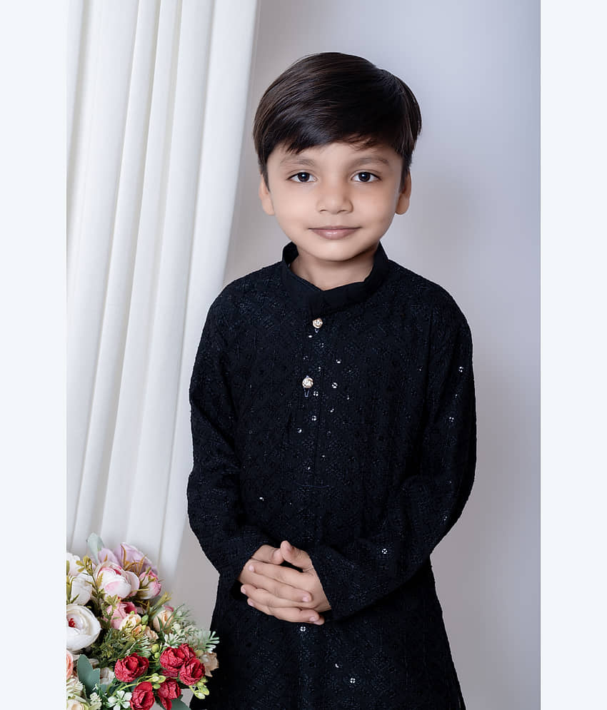 New Collection Boys Chanderi Sequined - Pattern Kurta Pant Set ( Dark Blue , Pack of 1 ) view 2