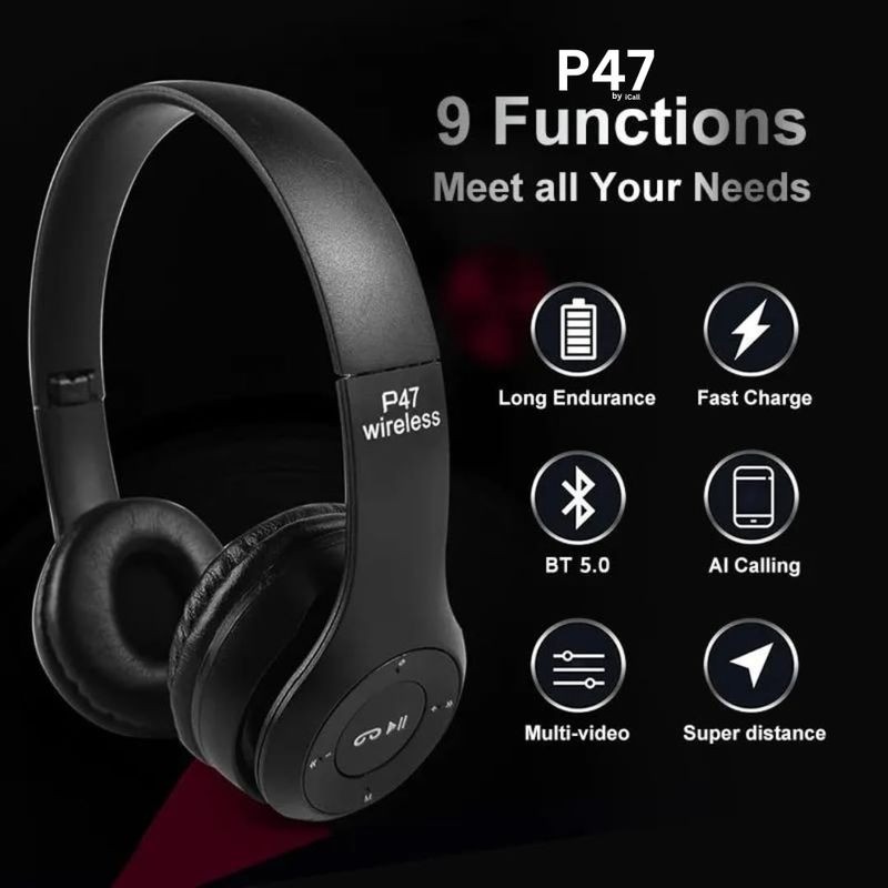 P47 Wireless Bluetooth Headphones, Deep Bass, Foldable Design, Built-in Mic, All-Day Comfort and Noise Isolation Color - Blue view 2