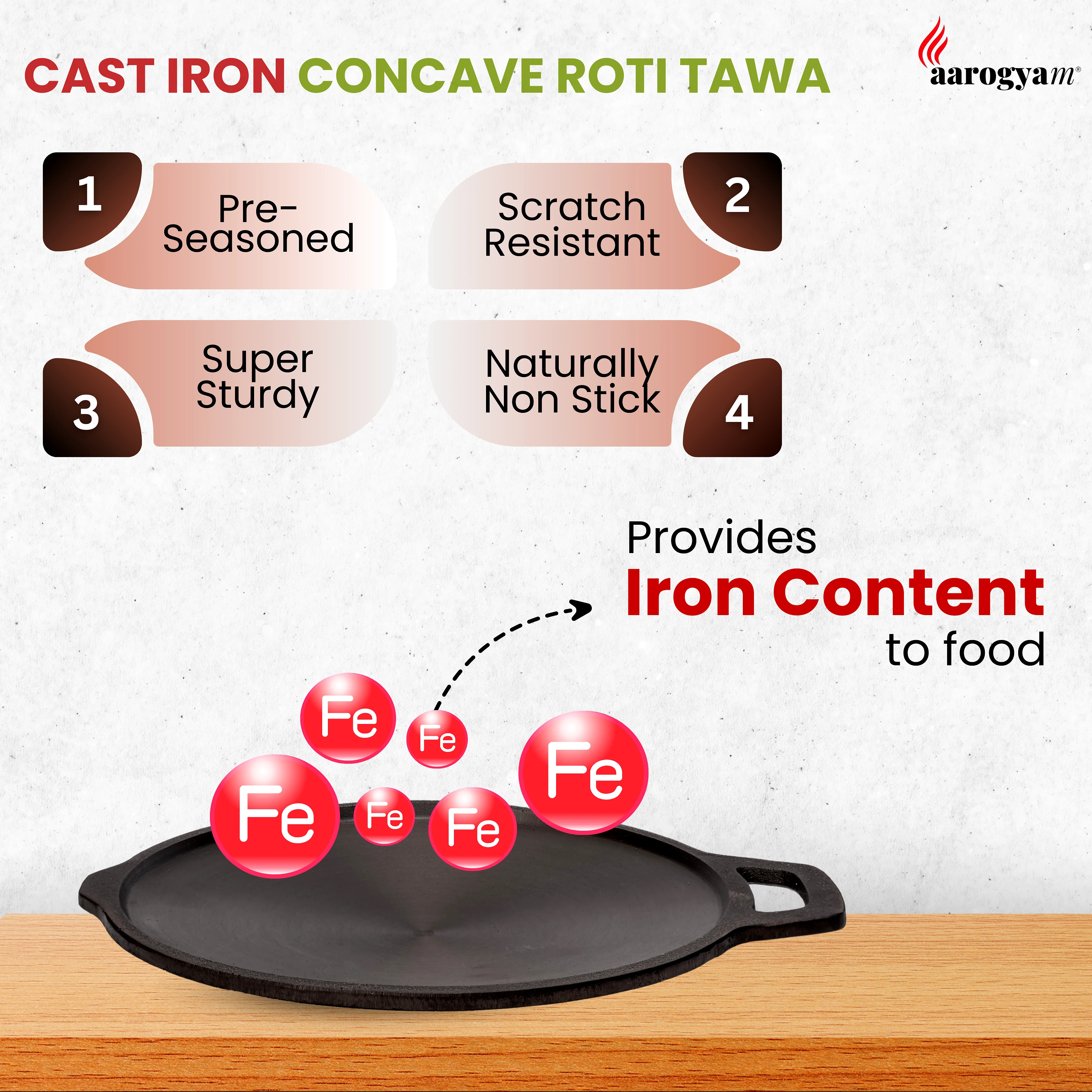 Aarogyam Cast Iron Roti /Chapati Tawa with Short Handle 9 inch Diameter (23 cm) | Pre-Seasoned | Concave bottom | Non-Toxic | Naturally Non-Stick | Compatible with Gas Stove - Perfect for crispy parathas and rotis! Weight 1.6 Kg (Colour - Black) by Aarogyam - The Cast Iron Shop view 2