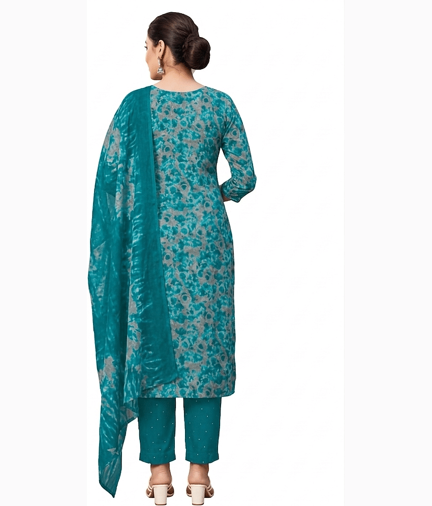 shree jeenmata collection Women Cotton Printed Straight Kurti With Pants ( Blue ) view 2