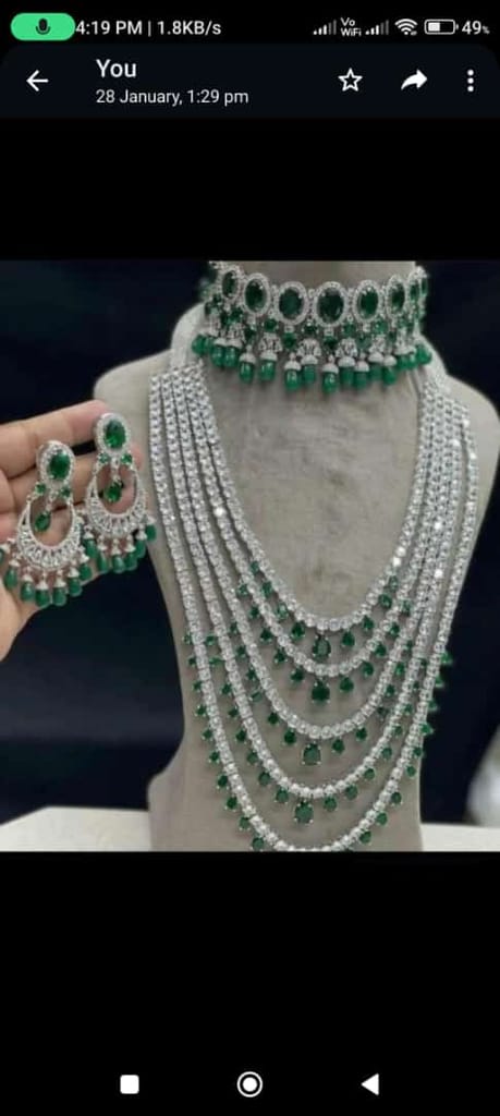 Rodium plated green colour designer modelling bridal jewellery women's and girls look like awesome view 2