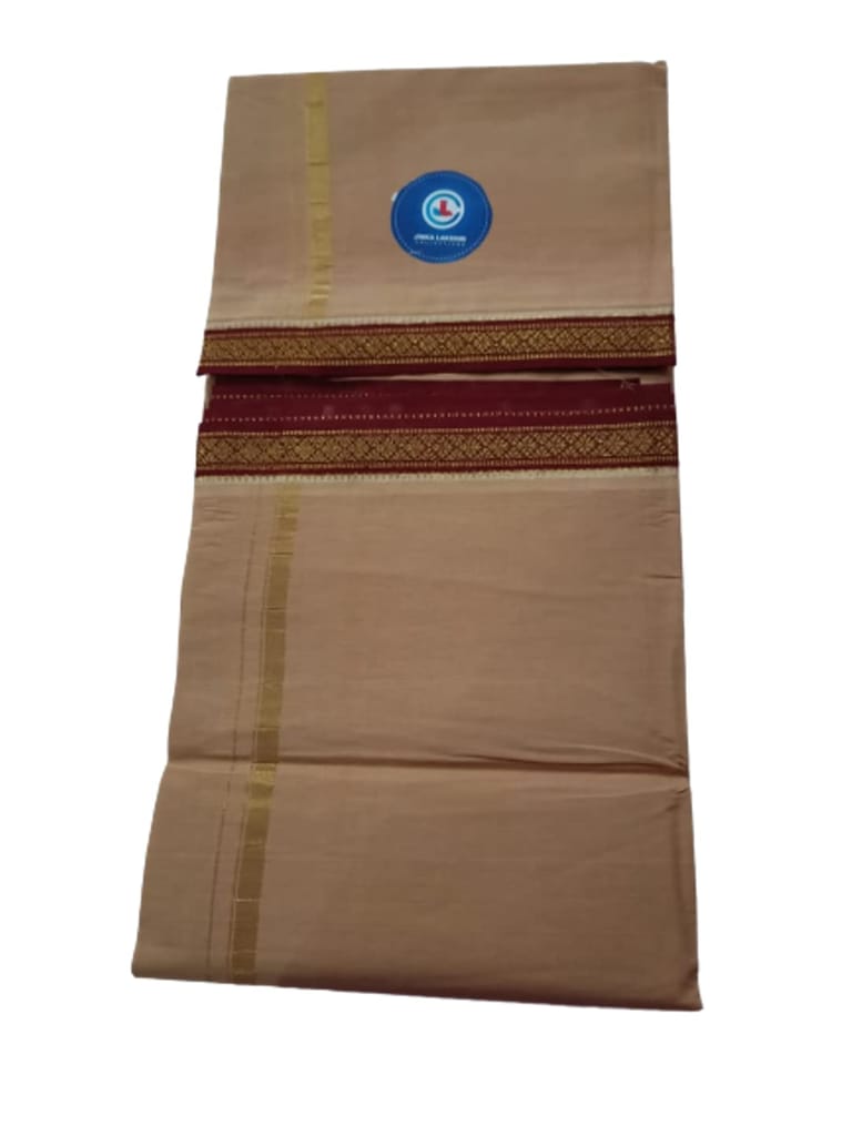 Jinka Lakshmi Collections 100% Handloom Biege Color Cotton Dhoti With Zari Border Up and Down 4 Meters Unstitched Pack of 2 (Multicolor-04) view 2
