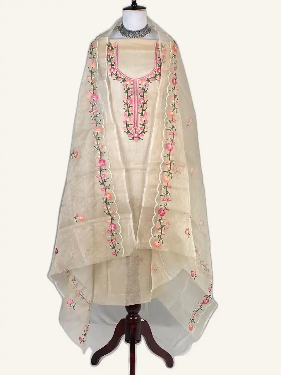 Kota Doria Dress Material Biscuit Floral Yoke view 2