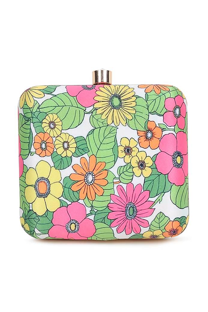Green Satin Leaf Printed Square Clutch view 2