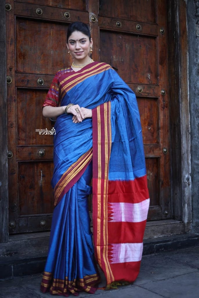 Handloom Cotton Viscose Ilkal Saree with Pure Resham Pallu - Royal Blue with Red Border view 2