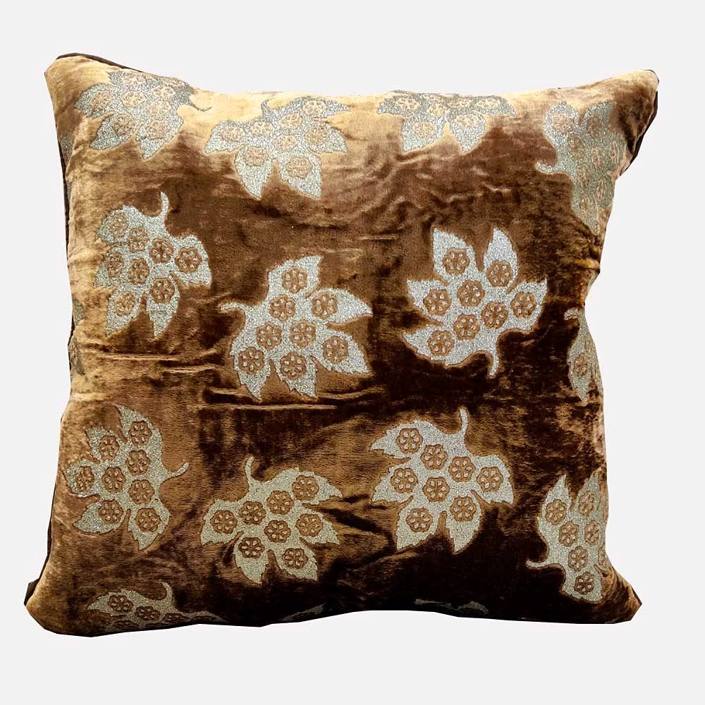 GOODVIBES Brown Cream Ivory Velvet with Leaf Embroidered Stitched Zippered Velvet Cushion Cover| 12X12 Inches | 30cm * 30 cm I Set of 5| view 2