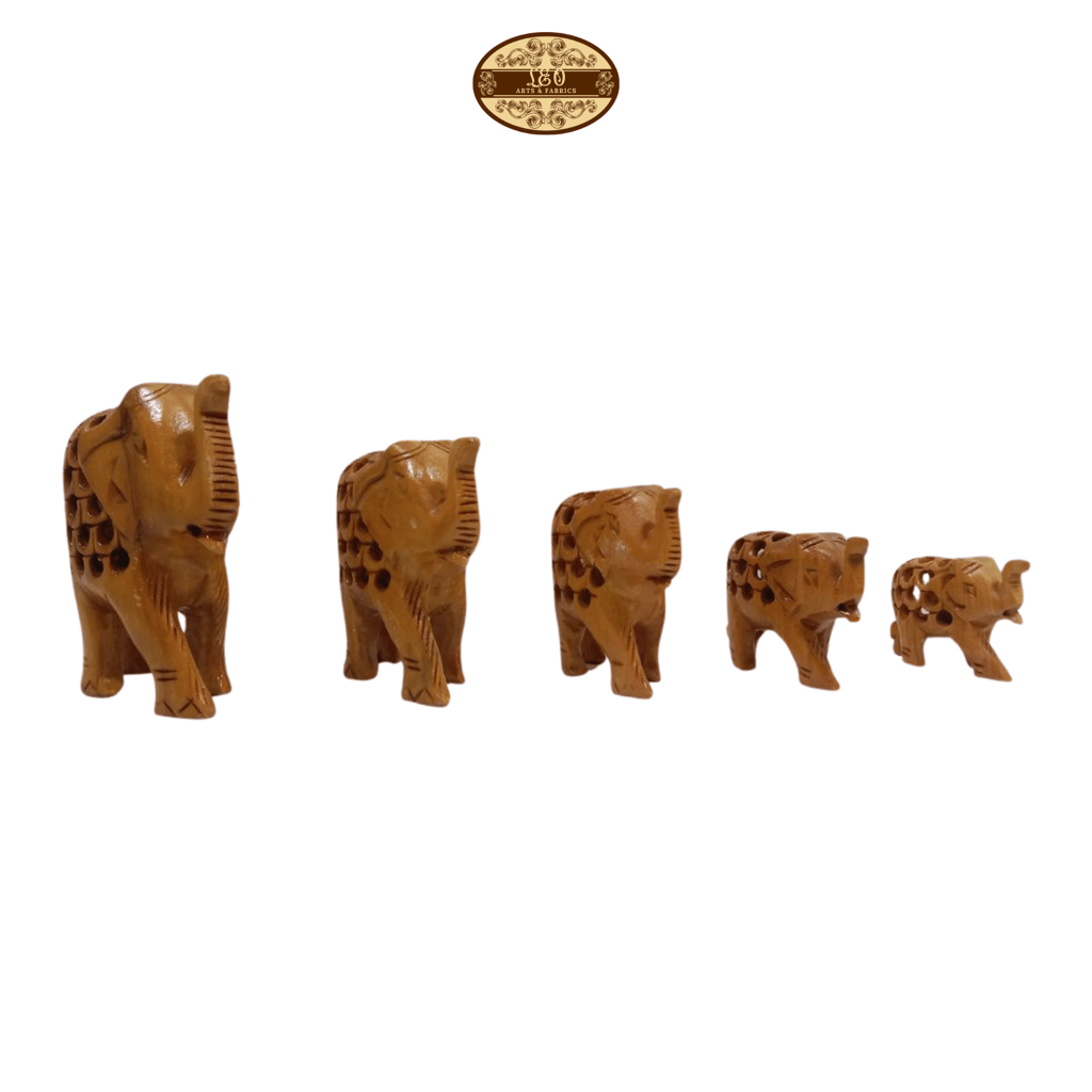 Handcrafted Wooden Elephant Family Figurines, Set of 5, Jali Undercut Design - Smallest 3cm, Largest 8cm view 2