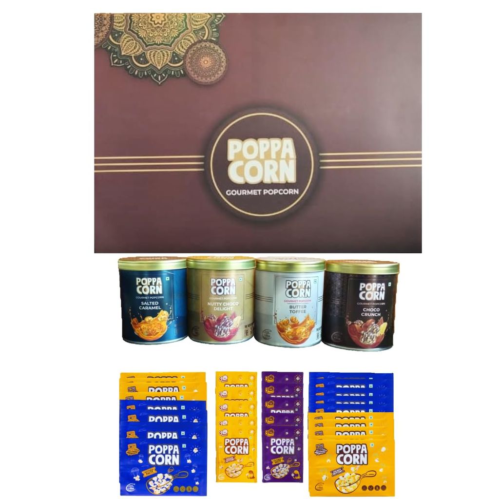 POPPACORN Gourmet Popcorn Gift Hamper, Salted Caramel, Nutty Choco Delight, Butter Toffee, Choco Crunch in Tin, Microwave Popcorn 100g/Pouch x 10, 33g/Pouch x 10, Instant Popcorn 70g/Pouch x 10 Pack of 40