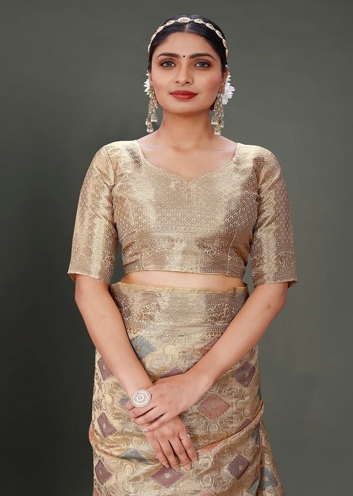 Woven Organza Saree in Beige view 2