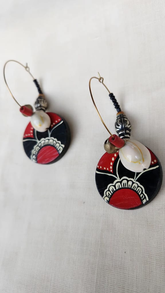Handmade Wooden Earrings with Red and Black Ethnic Design view 2
