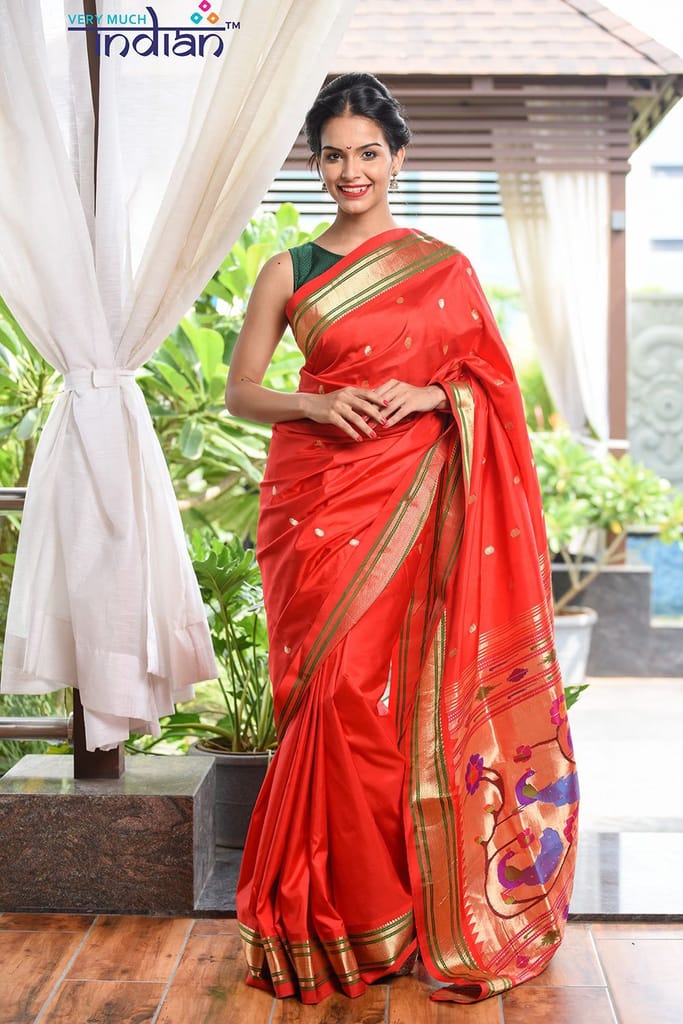 Pure Silk Yeola Handloom Deep Red Paithani Weave with Double Pallu view 2