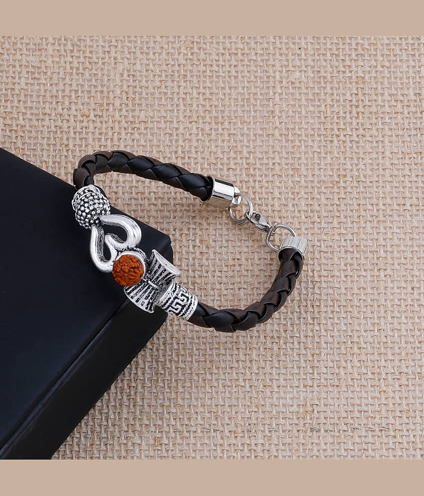 Rudraksha OM Trishul Damroo Designer Oxidized Silver Bahubali Leather Kada Bracelet Unisex Bracelets for Men & Women view 2