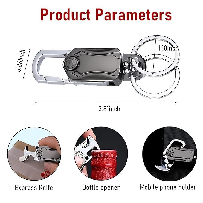 Panchhi Store 5 in 1 Multifunctional keychain for bikechain Dual Ring Metal Key chain with Cutter, Bottle Opener, Mobile Phone Holder 360° Rotate Spinner Key Chain for Bike & Car view 2