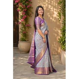 Women's Premium Kanjivaram Silk Saree with Woven Zari Border Blouse Piece Pastel Purple Wedding Festive Traditional view 2