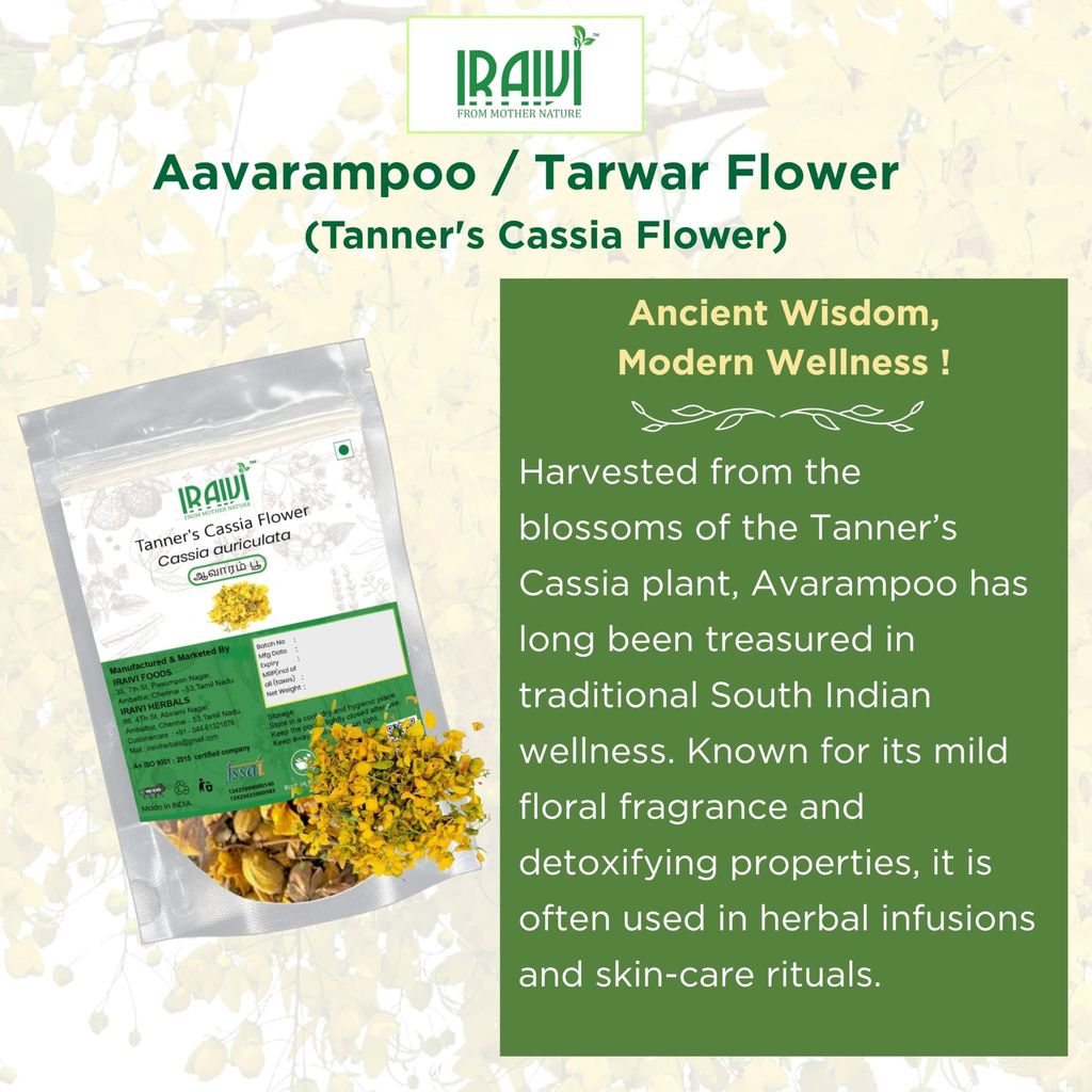 IRAIVI Premium Aavarampoo Flowers-200g | Tarwar| Tanner's Cassia | Cassia Auriculata | 100% Natural Sun-Dried Whole Flowers | Skin Glow, Sugar Balance & Detox | For Kashayam, Herbal Tea & Skincare view 2