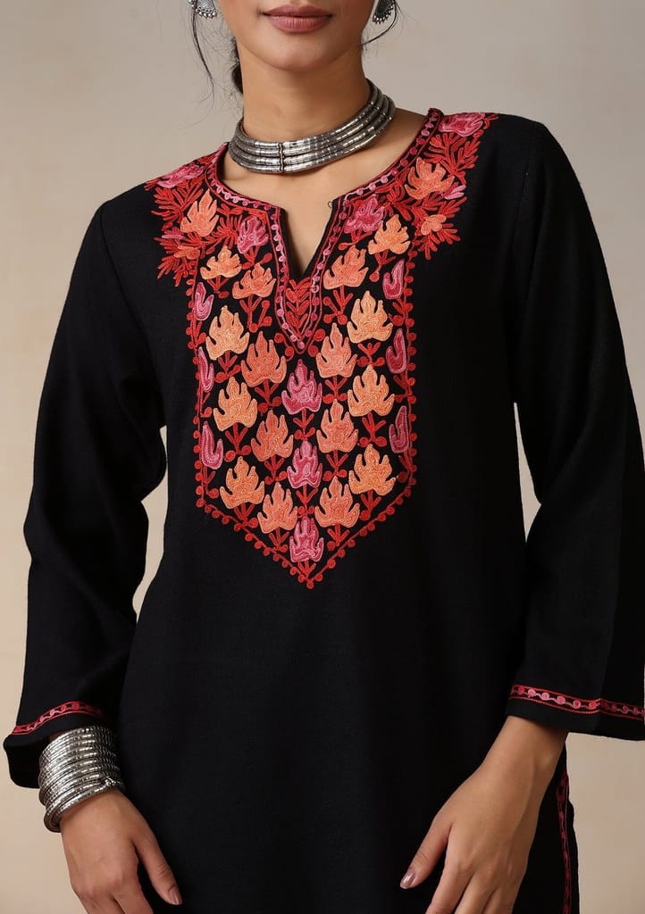 HOC Crafts Aari Embroidered Woollen Solid Women's Long Kurta - Black view 2