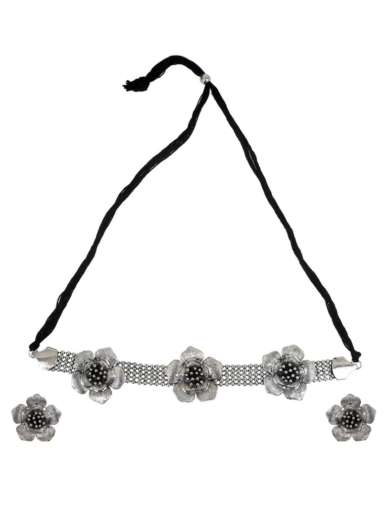 Cardinal Oxidized Silver Color Floral Choker Necklace Set view 2