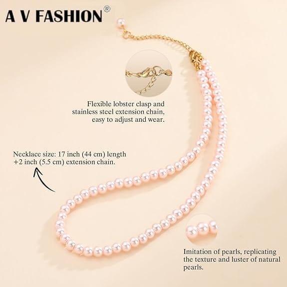 A V FASHION - Pearl Necklace For Girl and Women Pink Pearl Necklaces for Women, 8MM 16 Inch Beaded Choker Necklace 1 Layer Beaded Mala Fashion Jewellery view 2