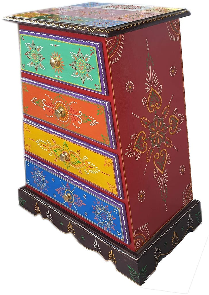 Wood To Cart® Round Handcrafted and 4 Drawer Hand-Painted Wooden Stool, Cum Side Table for Home/Office/Living and Bedroom Decor (Multicolor) view 2