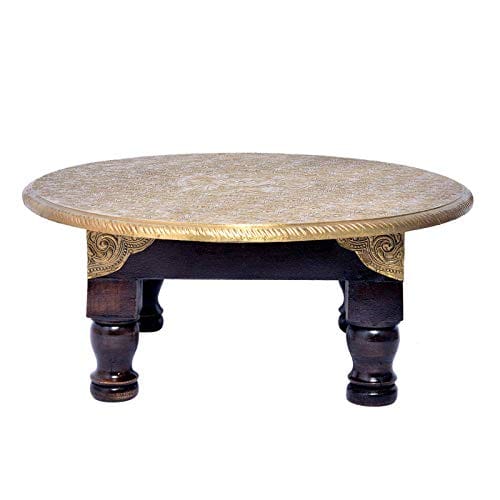 Wood & Brass Chowki | Brass Work Pooja Bajot Stool | Home Decor Sitting Table (Goldcolor_12 x 12 x 6 Inches)