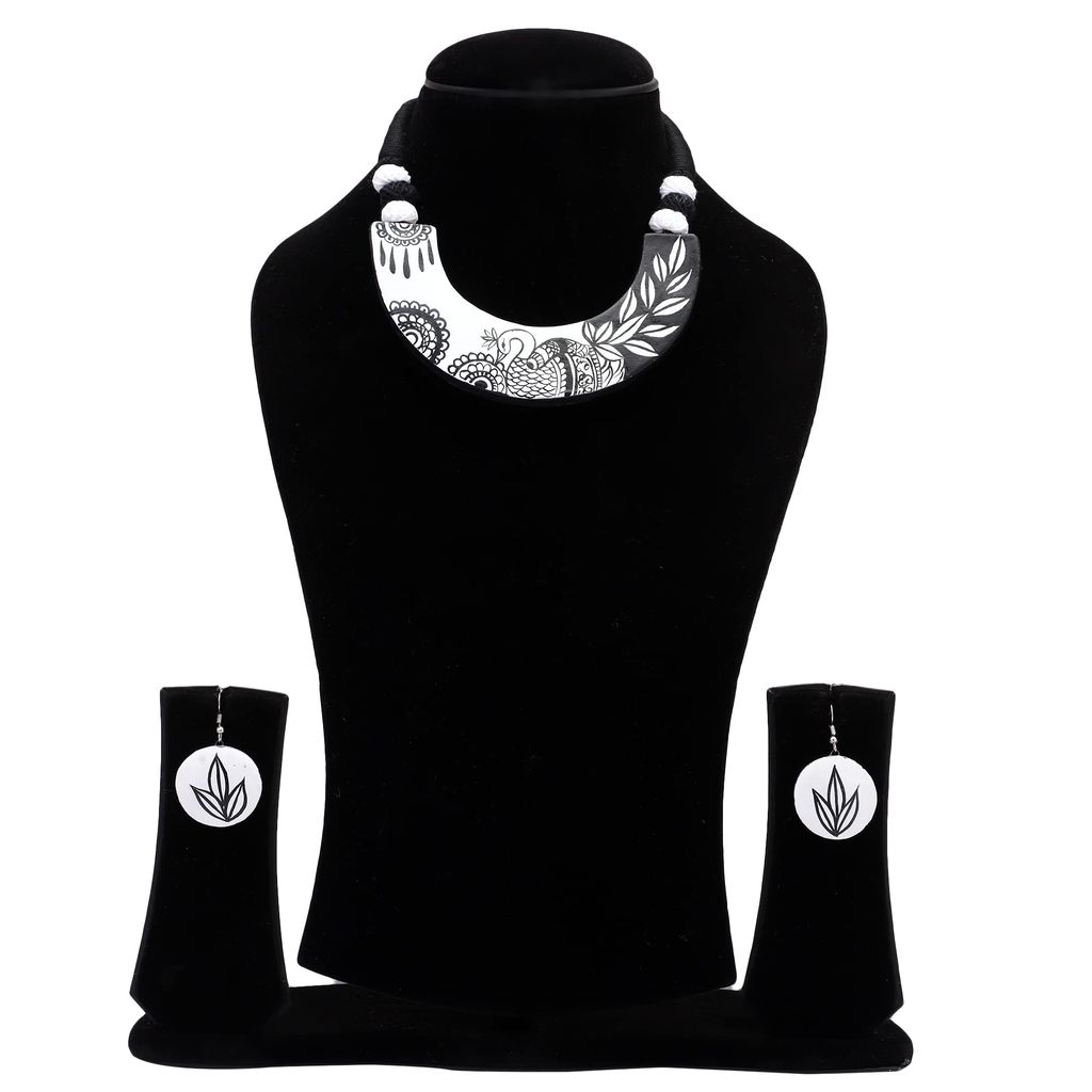 Le bijouxistic EKAM EK madhubani inspired necklace set with earrinsg for women in black and white view 2