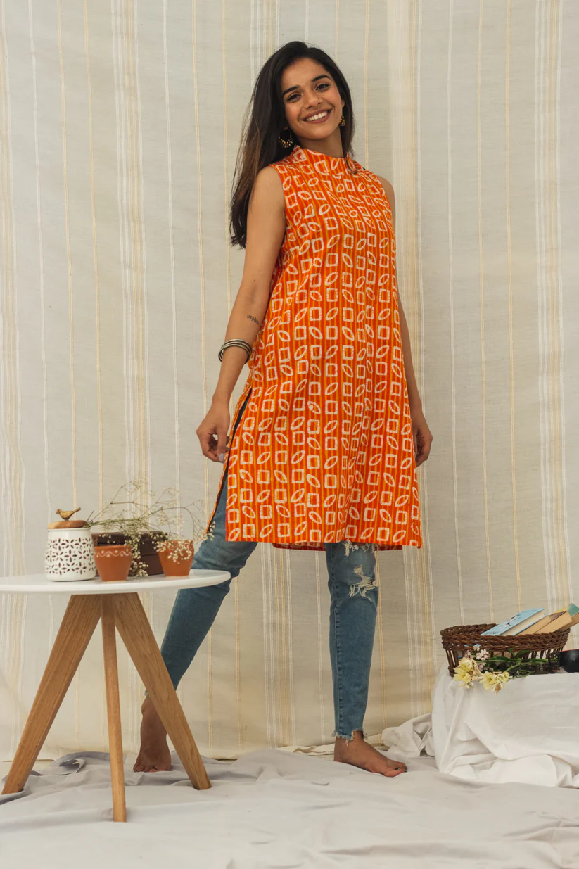 Cotton Batik Block Printed Kurta Unusual Shapes view 2
