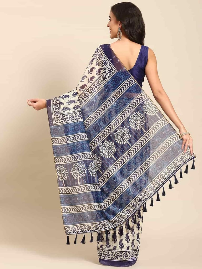 Women's Pure Cotton block print saree with unstiched blouse piece view 2