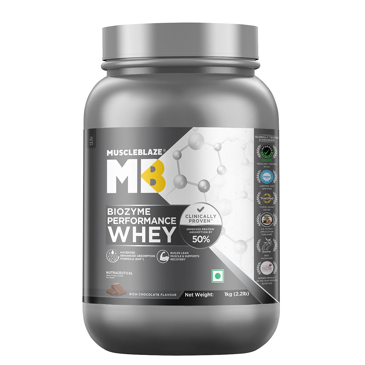 MuscleBlaze Biozyme Performance Whey Protein Clinically Tested 50 Higher Protein Absorption (Rich Chocolate, 1 kg)