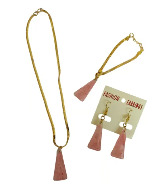 Nature-Inspired Pink Flower Resin Jewelry Set - Moon Pendant Necklace, Bracelet & Earrings