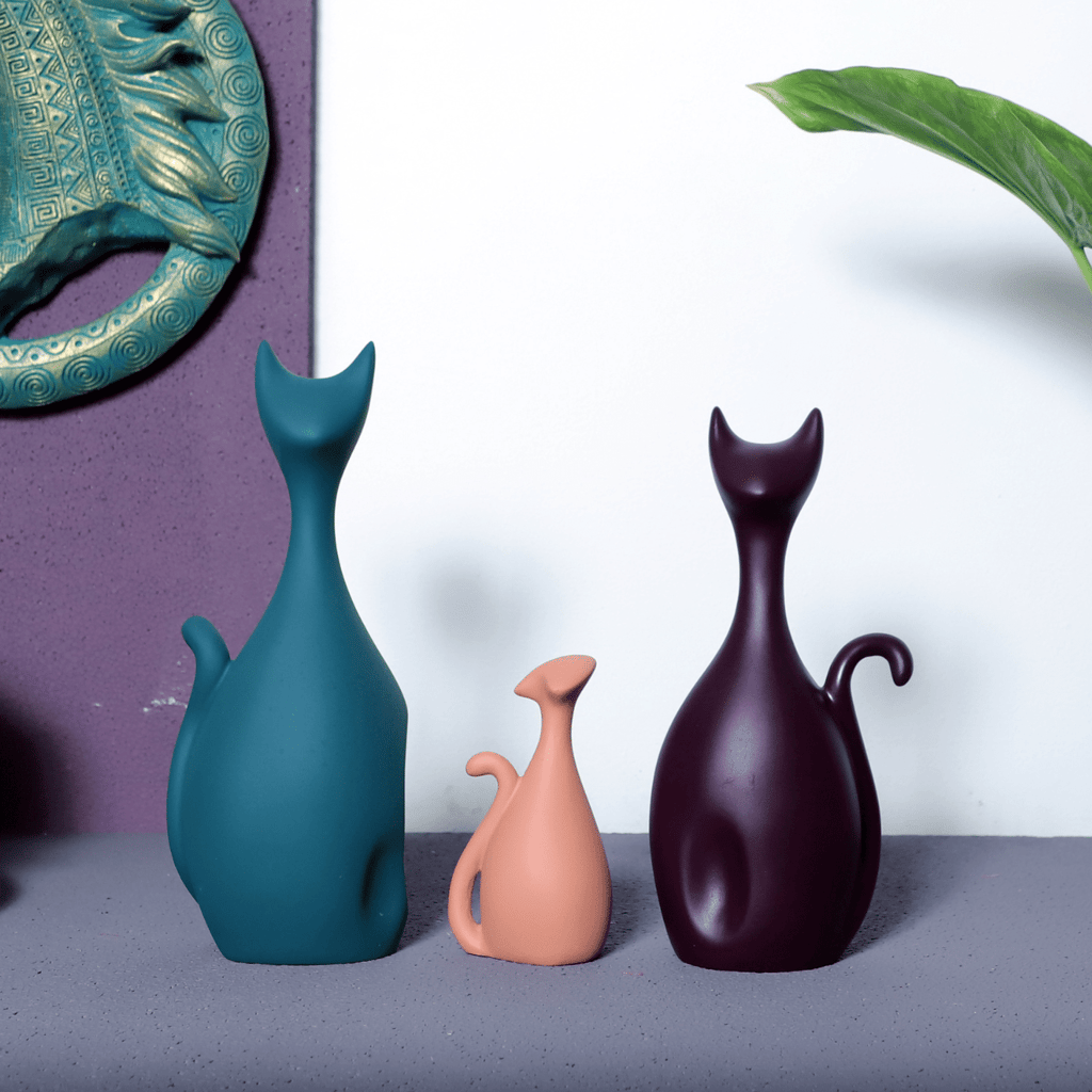 Modern Abstract Ceramic Cat Figurines Set - Plum, Teal & Peach Home Decor