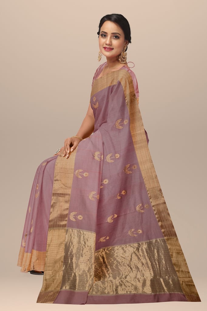 Copper Color Handwoven Traditional Floral Buta Chanderi With Golden Zari Border SKU - BS10138 view 2