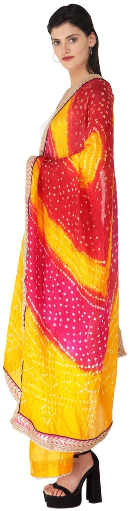 Scarlet-Marigold Multi-coloured Tie-Dye Bandhani Dupatta From Gujarat with Zari Patch Border and Beadwork view 2