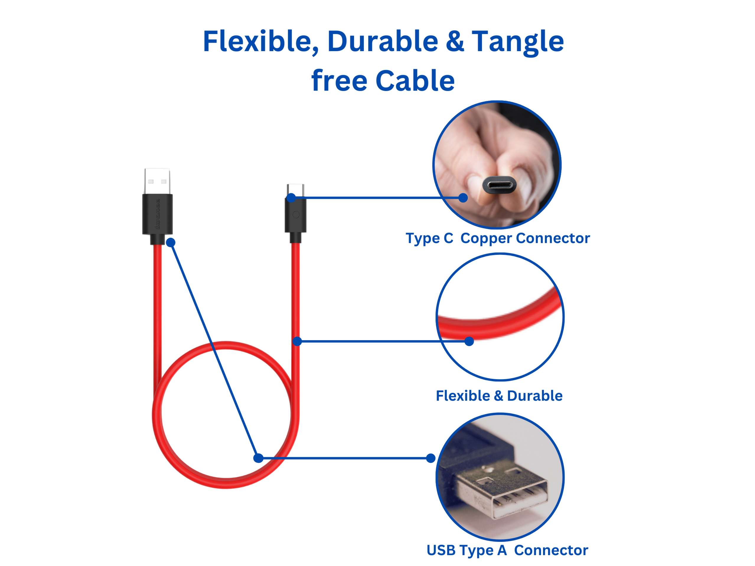 Twance T20R TPE - Type C to USB Charging & data transfer Cable, 1 M, Red - 10 Pieces view 2