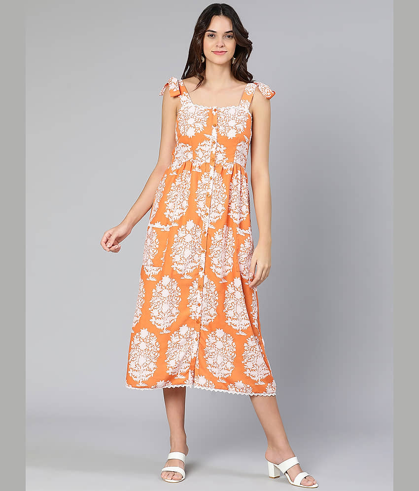 Oxolloxo Viscose Rayon Printed Knee Length Women's A-line Dress - Orange ( Pack of 1 ) view 2